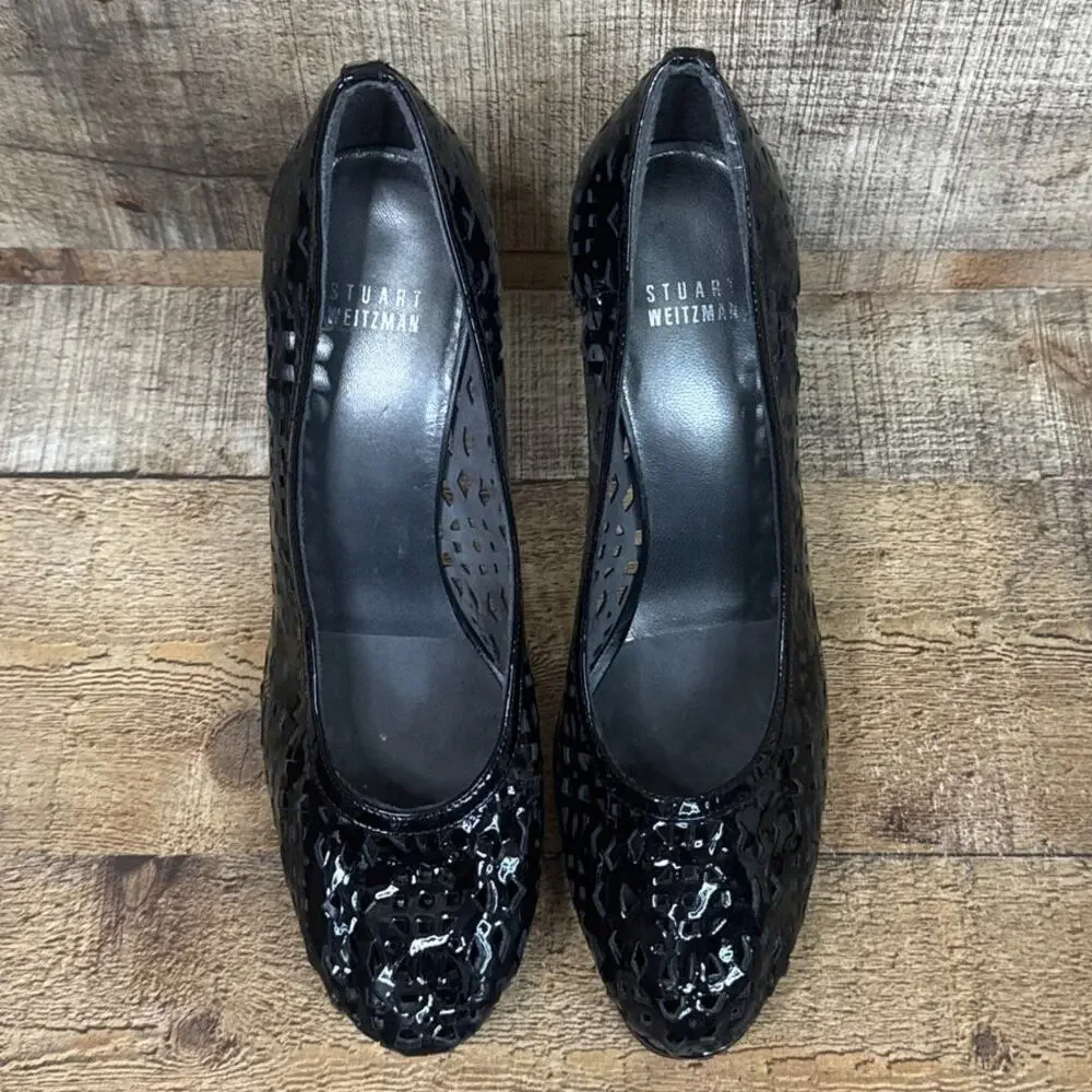 Stuart Weitzman Black Patent Leather Laser Cut Perforated Stiletto Heels Size 9